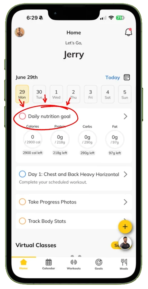 Trainerize home screen with the daily nutrition goal circled