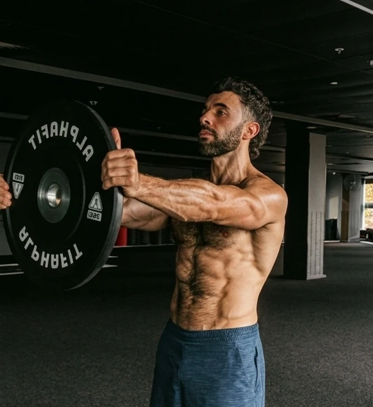 Jerry holding a weight plate in the gym